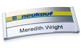 Both sizes of the polar&reg; "alu-print" name tag can be fitted with silver or gold anodized aluminum front panels and printed with a high-quality print using UV direct-to-substrate digital printing.